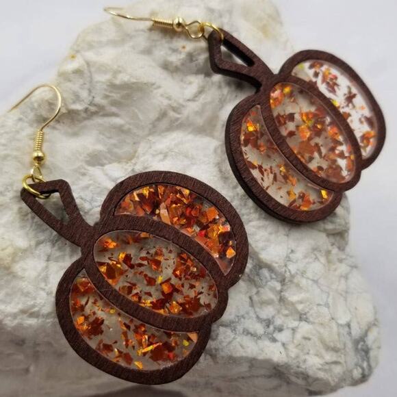 Wood Pumpkin Dangle Earrings Fall Sparkle - Picture 2 of 2
